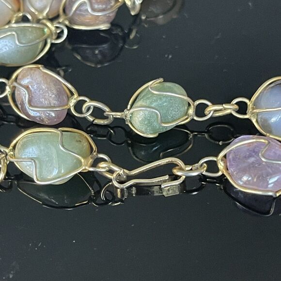 Vintage Artisan Wire Wrapped Semi Precious Stone Cage Necklace Handmade - Picture 9 of 9